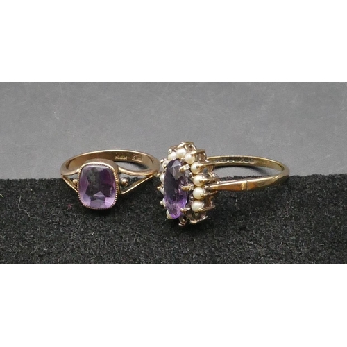 403 - A 9ct gold oval ladies' ring set with amethyst surrounded by half pearls (2 missing), Size T, also a... 