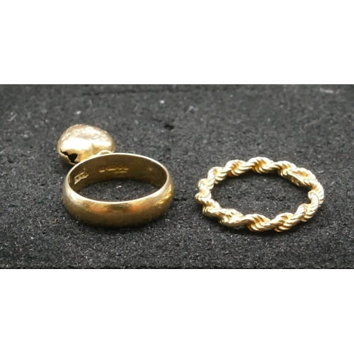 405 - A 9ct gold wedding ring mounted with drop heart shaped motif, Size K, also a 9ct gold twist wedding ... 