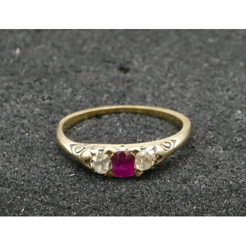 411 - A high carat gold ladies' 3 stone ring set with centre ruby flanked by 2 diamonds, Size N/O, 2.1 gra... 