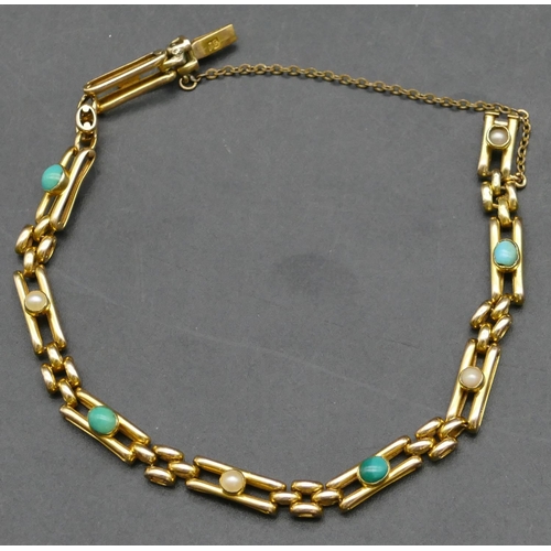 415 - A 15ct gold linked bracelet mounted with turquoise and half pearls, 7.7 grams gross