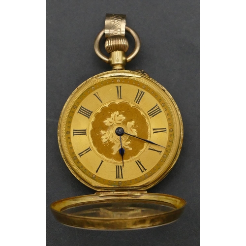 420 - An 18ct gold fob watch with gilt dial, Roman numerals, engraved back, 27.4 grams gross