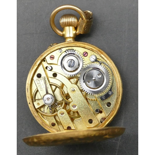 420 - An 18ct gold fob watch with gilt dial, Roman numerals, engraved back, 27.4 grams gross