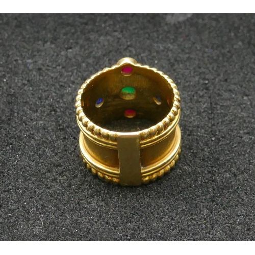 432 - A heavy 18ct gold wide band wedding ring, inset with emerald, 2 rubies and 2 sapphires, Size N/O, 11... 