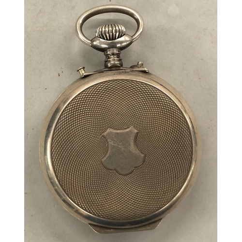 444 - An 800 silver coloured metal alarm open faced pocket watch with white enamel dial, seconds dial and ... 