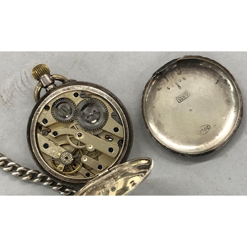 449 - A 935 silver fob watch with chased decoration, white enamel dial, also a silver watch chain (chain 2... 