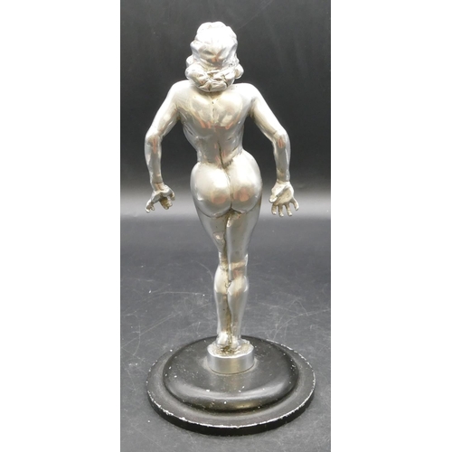 454 - An aluminium mascot in the form of a standing female nude on black sweeping base, 28cm high