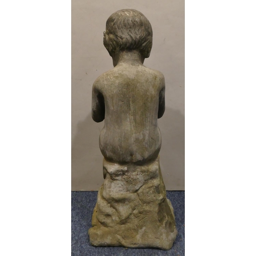 461 - A heavy lead garden figure of a seated man playing pipes on square base, 56cm high