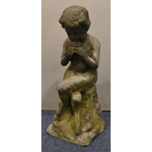 461 - A heavy lead garden figure of a seated man playing pipes on square base, 56cm high