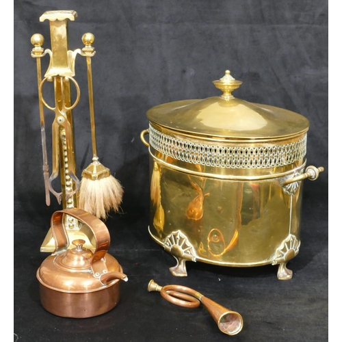 468 - A brass 3-piece companion set on stand with square base, 50cm high, a brass oval lidded coal box wit... 