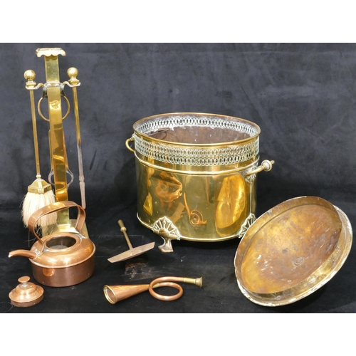 468 - A brass 3-piece companion set on stand with square base, 50cm high, a brass oval lidded coal box wit... 