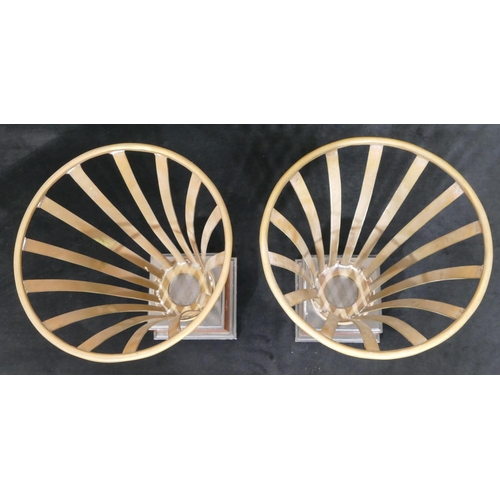 476 - A pair of modern brass round trumpet shaped pierced jardinières' on square walnut and ebonised bases... 