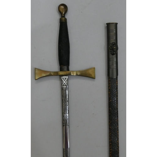 486 - A Masonic ceremonial sword with leather sheath, 86.5cm long overall