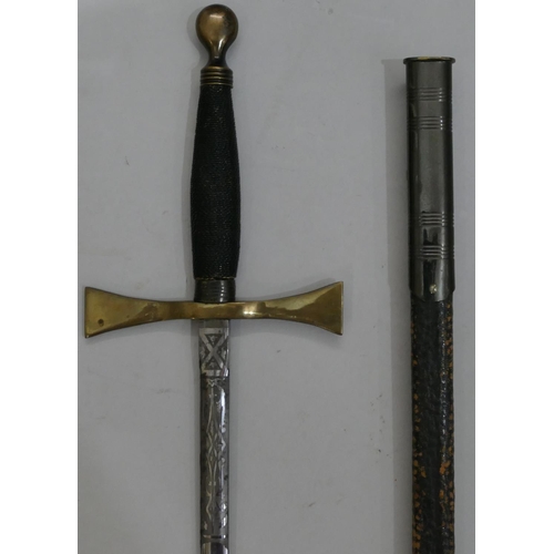 486 - A Masonic ceremonial sword with leather sheath, 86.5cm long overall