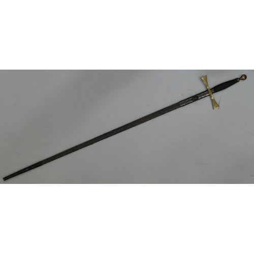 486 - A Masonic ceremonial sword with leather sheath, 86.5cm long overall