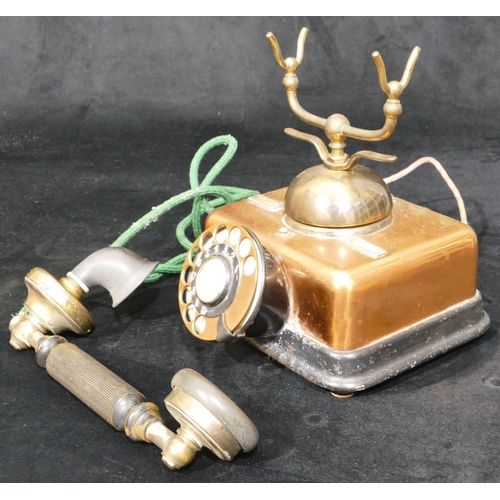 496 - A Danish vintage copper and brass telephone, stamped Kjobenhavns Telefon, 22cm high