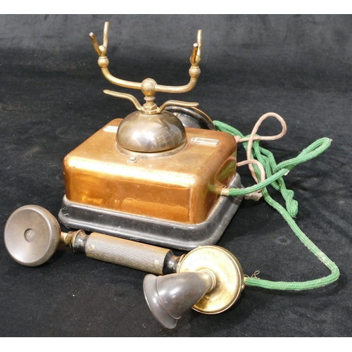 496 - A Danish vintage copper and brass telephone, stamped Kjobenhavns Telefon, 22cm high