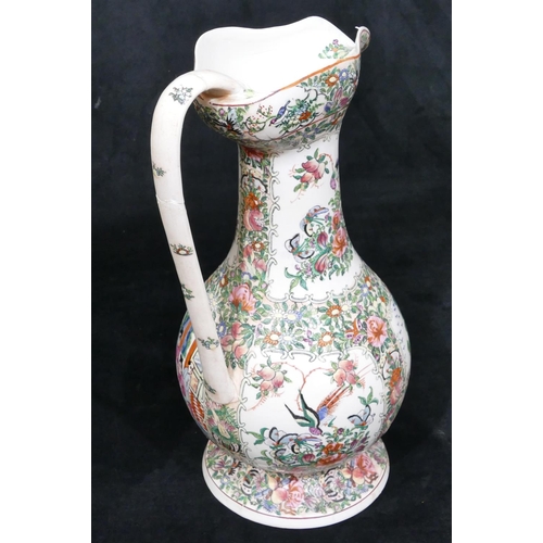 50 - A modern Cantonese round bulbous thin necked tall jug on round sweeping base, 38.5cm high