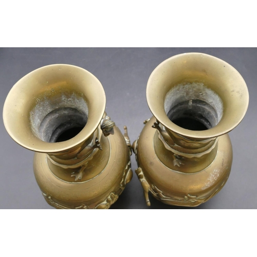 509 - A pair of Chinese gilt bronze round bulbous thin necked trumpet shaped vases with raised dragon moti... 