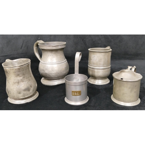 542 - A 19th Century pewter quartz tankard, 2 other pewter tankards, pewter mustard pot with hinged lid an... 