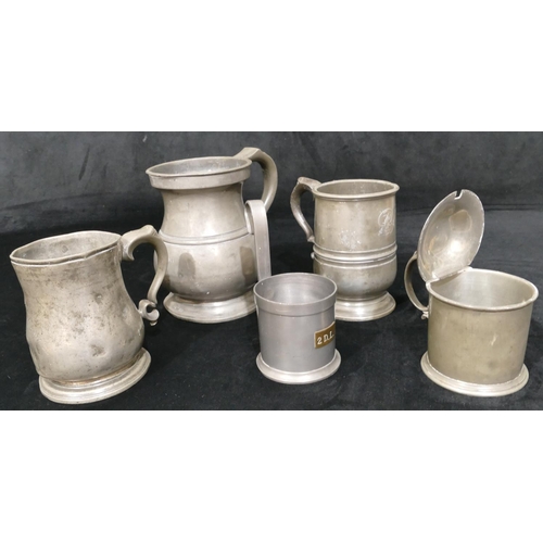 542 - A 19th Century pewter quartz tankard, 2 other pewter tankards, pewter mustard pot with hinged lid an... 