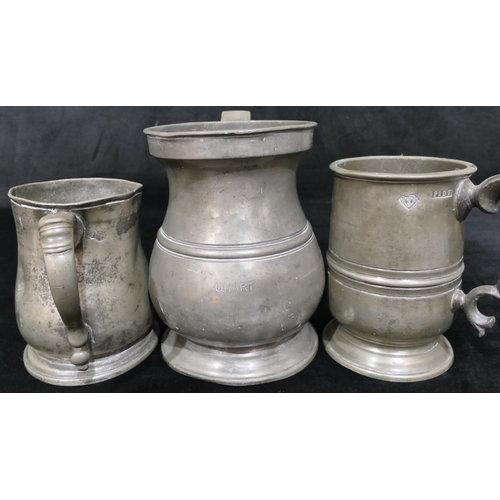 542 - A 19th Century pewter quartz tankard, 2 other pewter tankards, pewter mustard pot with hinged lid an... 