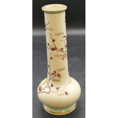 60 - An Oriental Satsuma round bulbous thin necked vase on cream ground with coloured bird, branch and bl... 