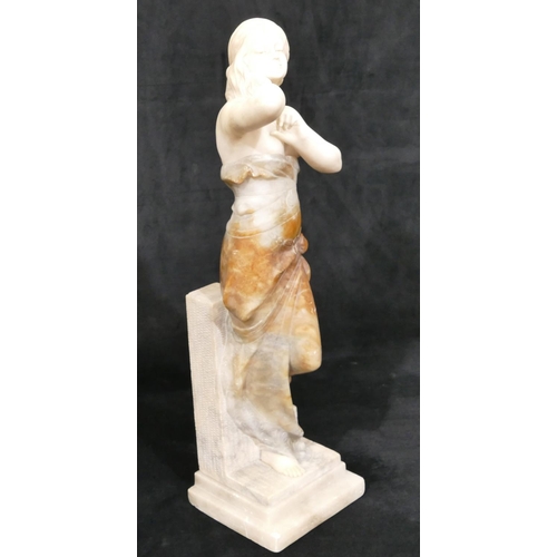 623 - A marble figure of a standing part naked lady on square base (unsigned), 60.5cm high