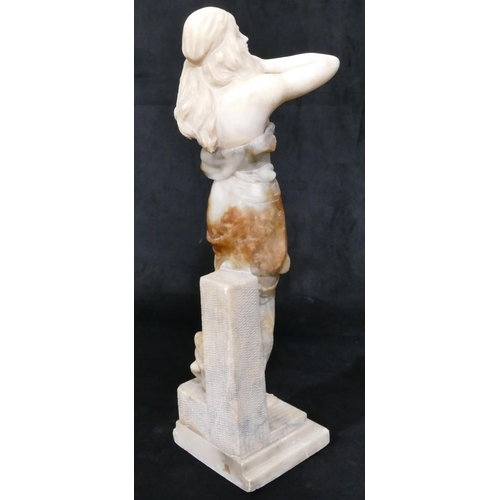 623 - A marble figure of a standing part naked lady on square base (unsigned), 60.5cm high