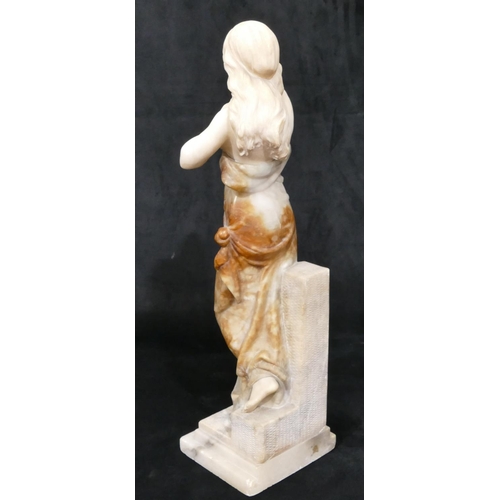 623 - A marble figure of a standing part naked lady on square base (unsigned), 60.5cm high