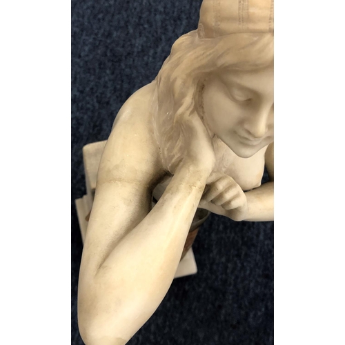 623 - A marble figure of a standing part naked lady on square base (unsigned), 60.5cm high