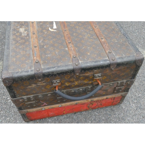 626 - An early Louis Vuitton monogrammed coated canvas hard travelling trunk with studded banded mounts, h... 