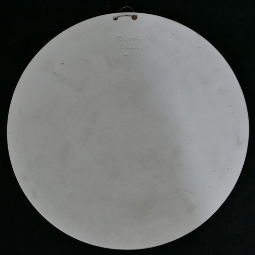 63 - A Parian B & G circular plaque with raised angel and cupid on white ground, 29cm diameter