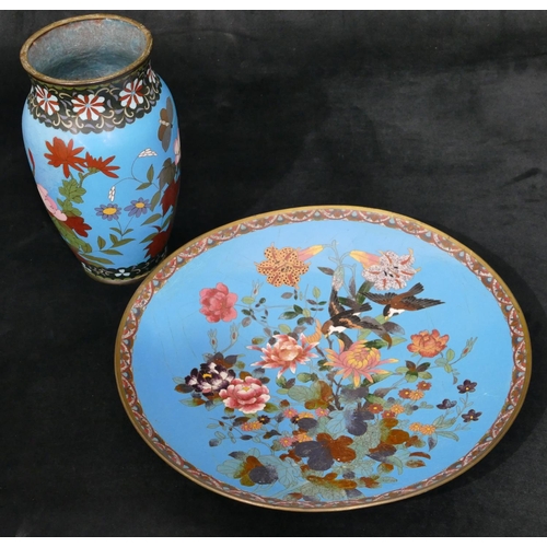 635 - Cloisonné round charger on pale blue ground with multicoloured bird and floral decoration, 36cm diam... 