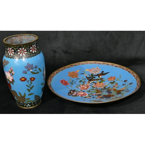 635 - Cloisonné round charger on pale blue ground with multicoloured bird and floral decoration, 36cm diam... 