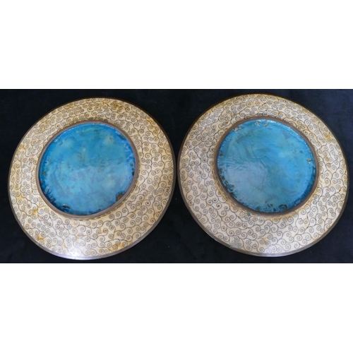 636 - A pair of Cloisonné round dishes on white and turquoise ground with multicoloured bird, floral and s... 