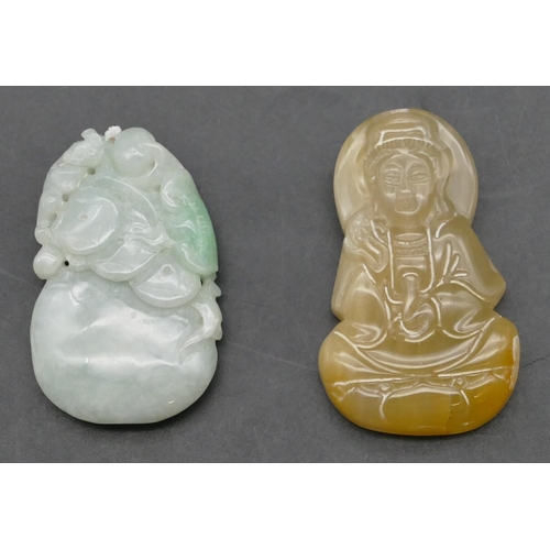 643 - A jade small amulet with fruit and leaf motif, 5cm high, also another hardstone amulet in the form o... 