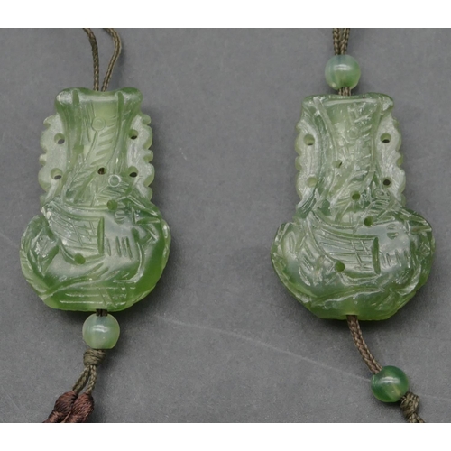 645 - 2 Oriental jade Inro with fish decoration, chord (Inro 4cm long) (2)