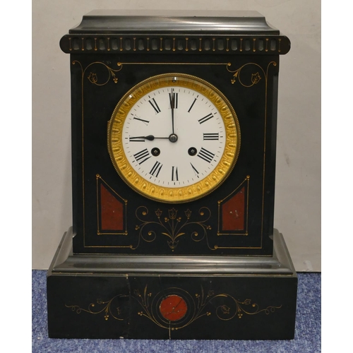 651 - A black slate 8-day striking mantel clock with white enamel dial and Roman numerals, red and gilt, f... 