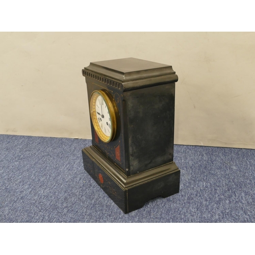 651 - A black slate 8-day striking mantel clock with white enamel dial and Roman numerals, red and gilt, f... 