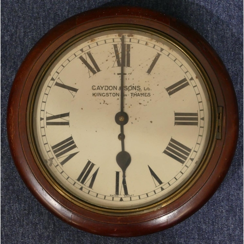 652 - Gaydon & Sons Ltd, Kingston-on-Thames, mahogany round wall clock with white enamel dial and Roman nu... 