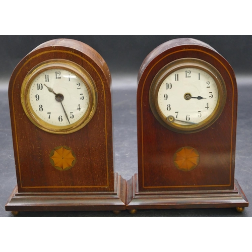 659 - 2 small Edwardian dome topped timepieces with inlaid shell motif and stringing, white enamel dial wi... 