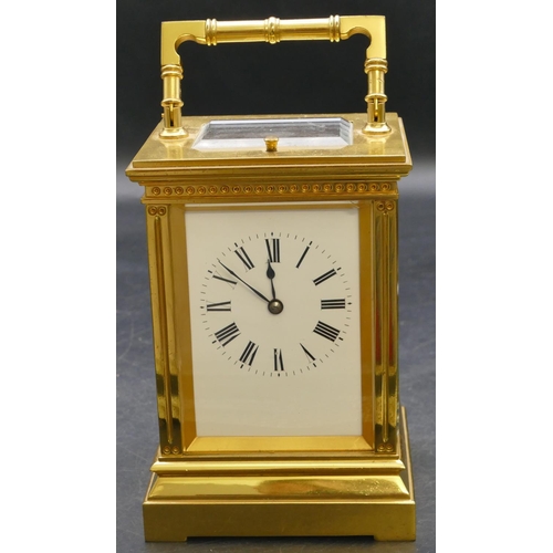 661 - A French brass repeat carriage clock striking on the half hour (stamped Patent Surety Poller), also ... 