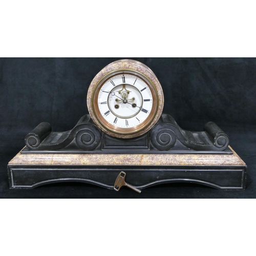 664 - A large slate 8-day striking visible movement mantel clock, stamped J Marti, 65.5cm wide, 35cm high