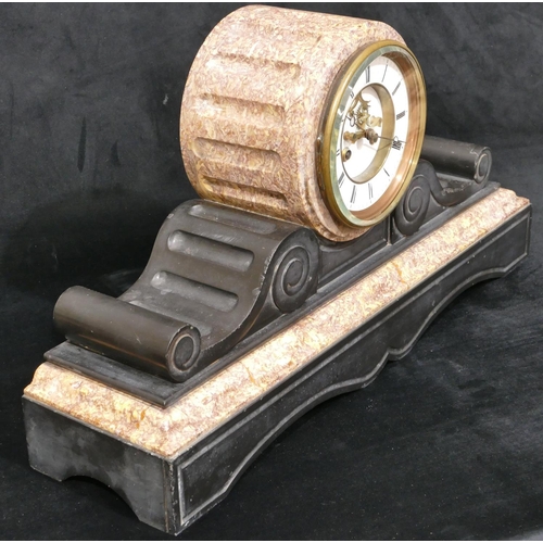 664 - A large slate 8-day striking visible movement mantel clock, stamped J Marti, 65.5cm wide, 35cm high