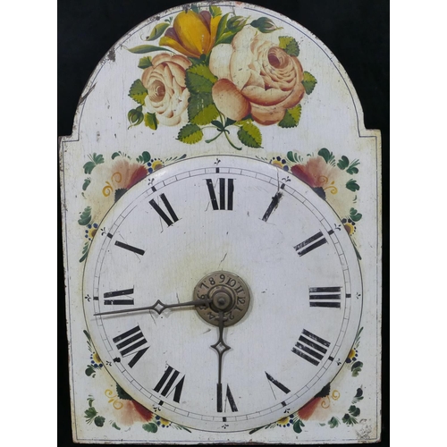 665 - A Black Forest alarm wall clock with painted arched dial and rose and leaf decoration, 42cm high