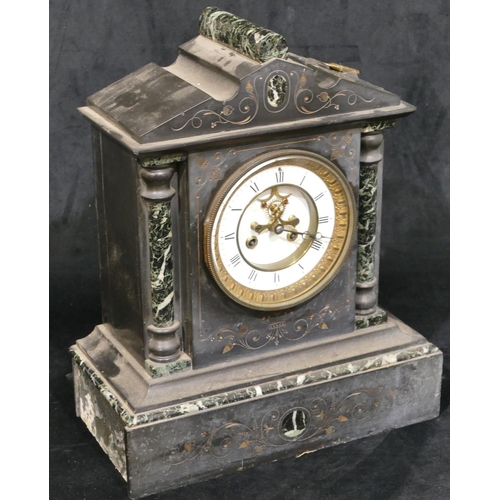 667 - A black slate 8-day striking visible movement mantle clock with white enamel dial, half round Corint... 