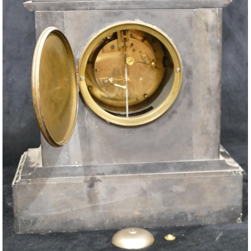 667 - A black slate 8-day striking visible movement mantle clock with white enamel dial, half round Corint... 