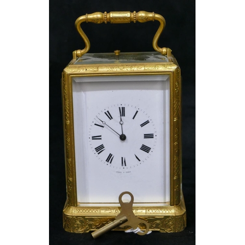 669 - Jules, Paris repeating half-strike carriage clock with allover chased floral, leaf and scroll decora... 