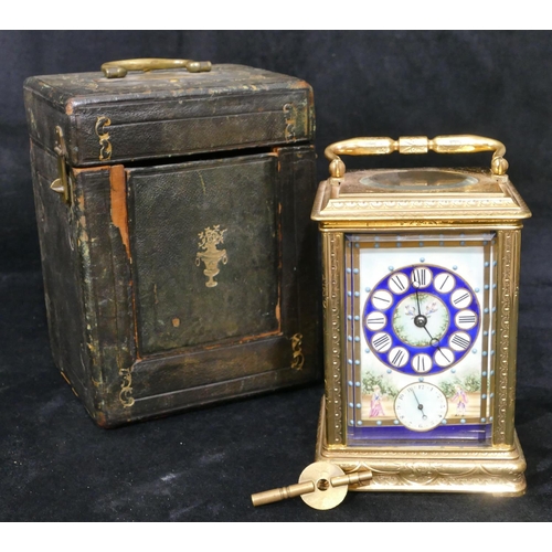 670 - A gilt metal and enamelled alarm bell strike carriage clock with chased swag and scroll decoration, ... 