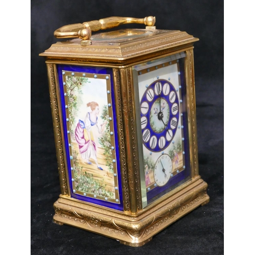 670 - A gilt metal and enamelled alarm bell strike carriage clock with chased swag and scroll decoration, ... 